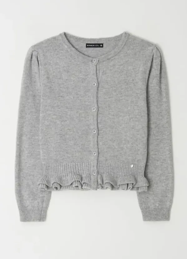 PUFF SLEEVE FRILL KNIT CARDIGAN GREY