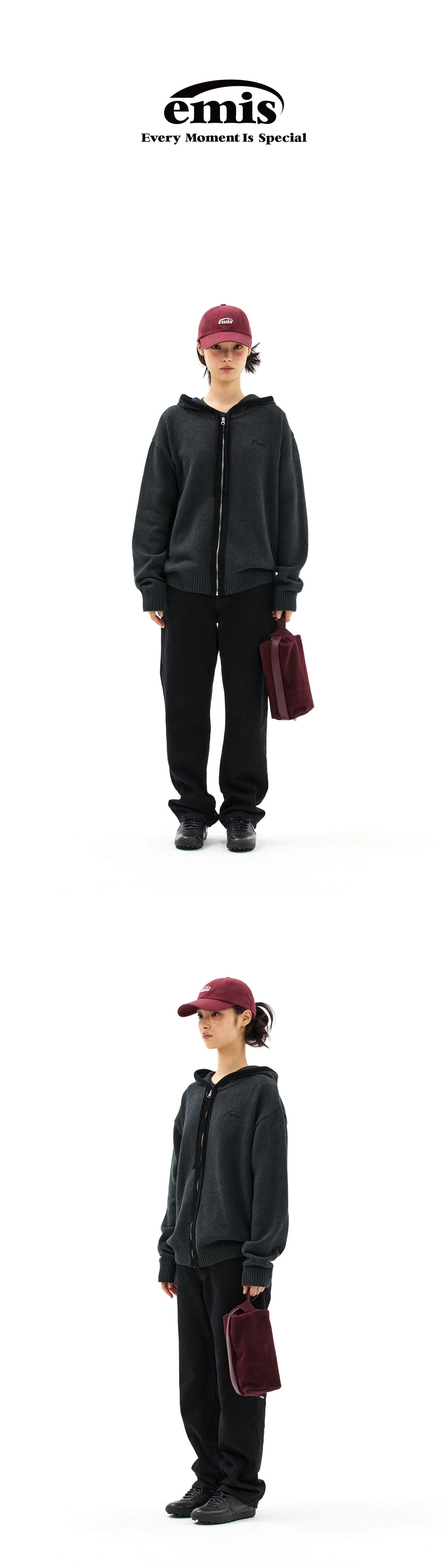 이미스 COLOR-BLOCK KNIT HOOD ZIP-UP-CHARCOAL 상품 이미지 1
