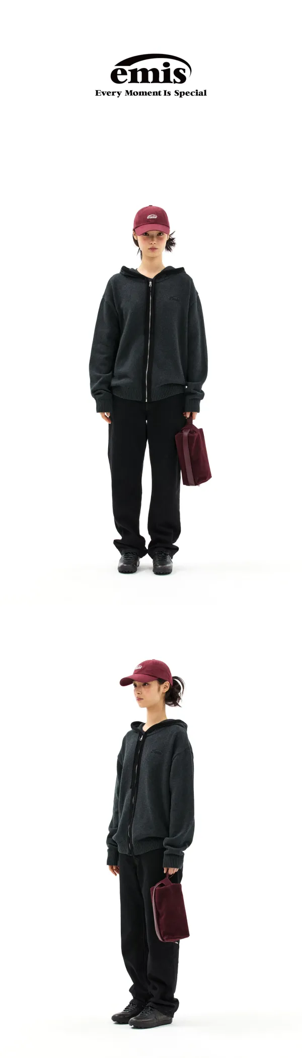 COLOR-BLOCK KNIT HOOD ZIP-UP-CHARCOAL