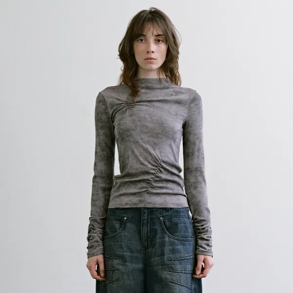 Blurry Print Mock Neck Top [ Gray ]