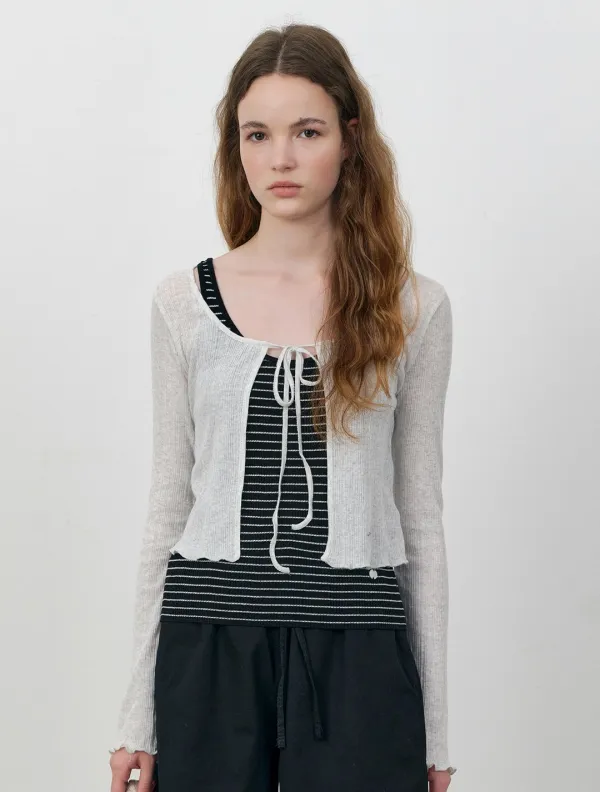 Tie-front lettuce hem cardigan_Gray