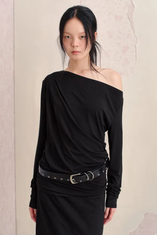 BOAT NECK SHIRRING LONG SLEEVE TOP, BLACK