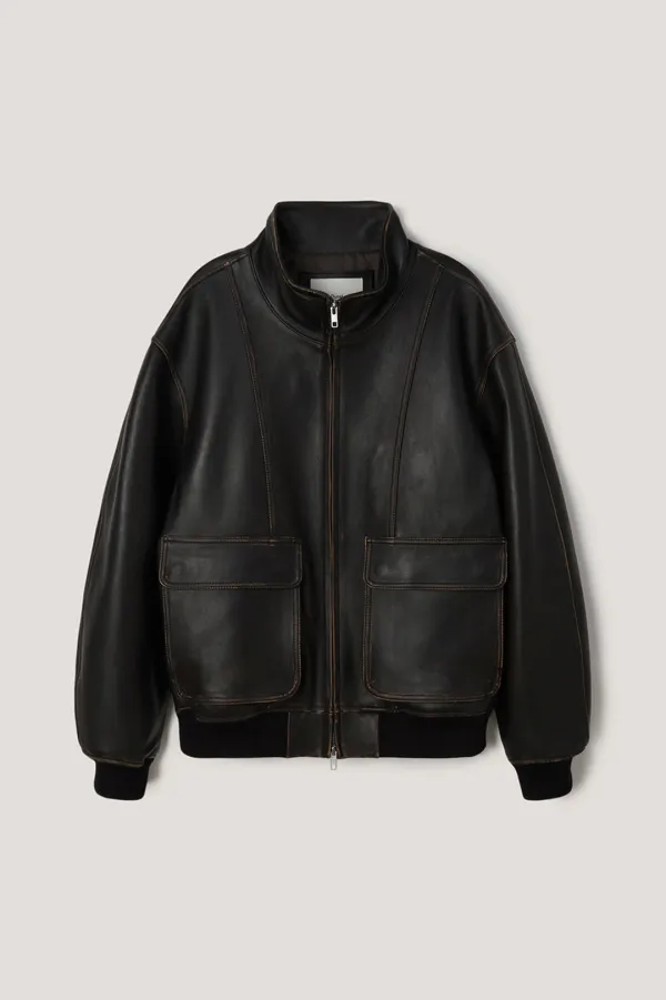 UNISEX STAND COLLARED LEATHER BLOUSON BRUSHED BLACK_UDJU6A104BK