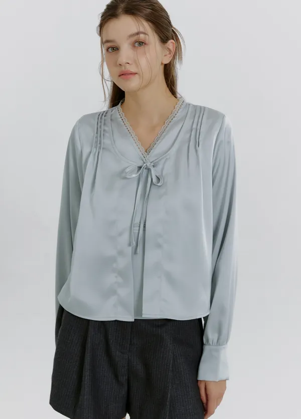 [44-120]  Danivel Satin Lace Blouse  다니벨 새틴 레이스 블라우스 (가을-봄-하객룩-격식룩-데이트룩-출근룩-오피스룩-긴팔블라우스-하객블라우스-여리핏-유니크-클래식-새틴-새틴블라우스-여리-롱슬리브-자체제작)