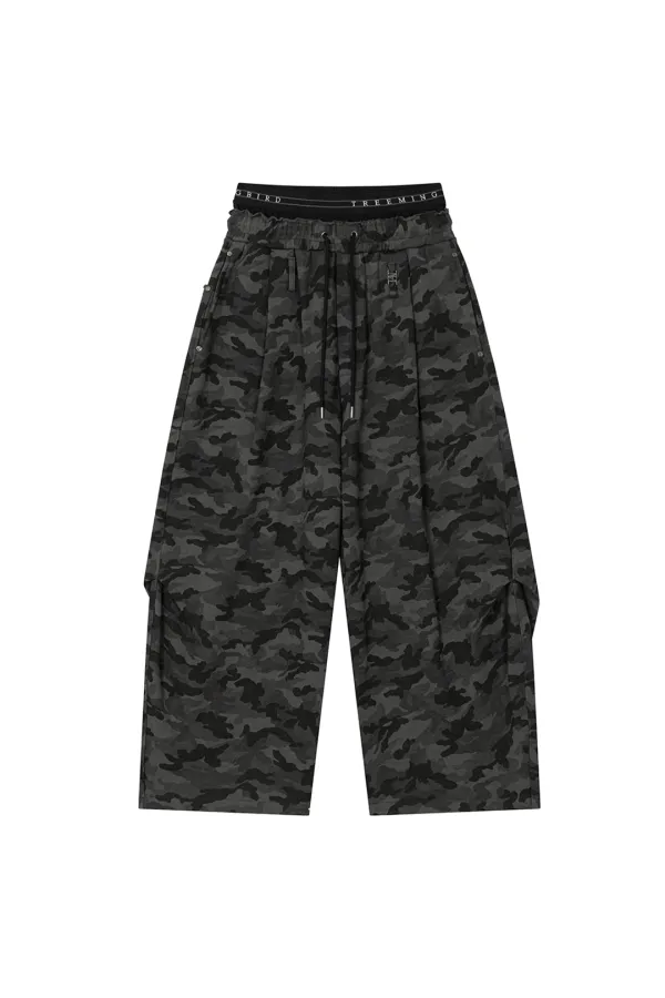 Camo Double Waist Sagging Sweat Pants [ Charcoal ]