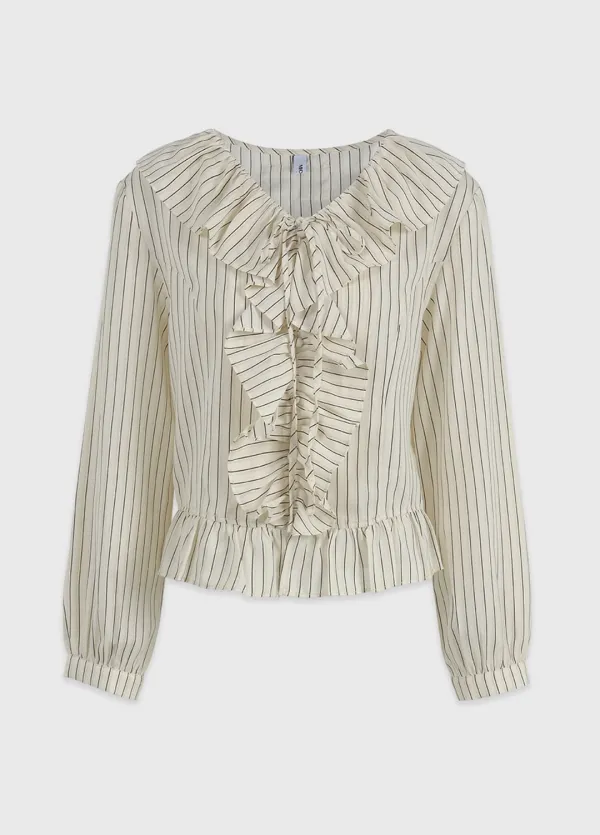  [44-120]  Bronte Ruffle Stripe Blouse  브론티 러플 스트라이프 블라우스 (봄-가을-데일리룩-데이트룩-출근룩-러블리룩-하객룩-격식룩-브이넥-빈티지-콩단추-프릴-블라우스-여리블라우스-스트라이프-자체제작) 