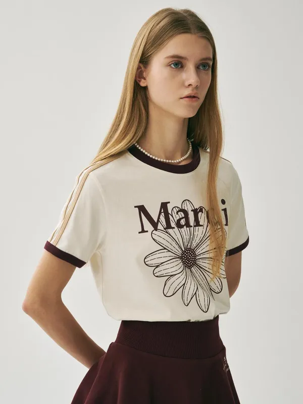 [6/5 순차배송] SLIM RINGER TSHIRT FLOWERMARDI_CREAM BURGUNDY