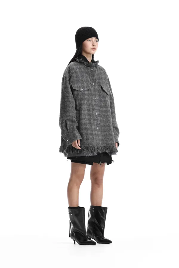 Frayed-Hem Tweed Jacket [ Gray ]
