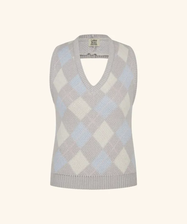 Halter-Neck Argyle Wool Vest ( Light Grey )