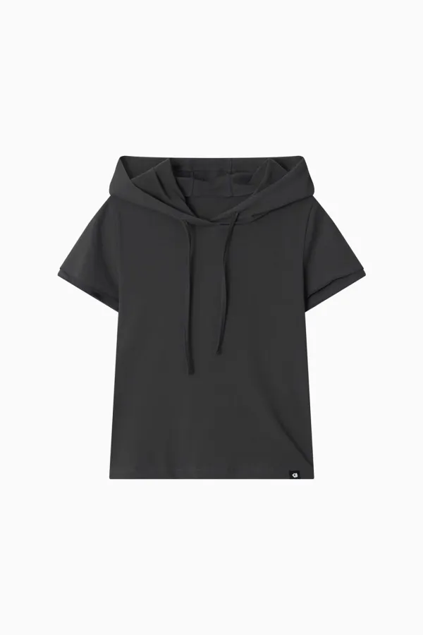 HOODED LAYERED CAP SLEEVE T-SHIRT, CHARCOAL