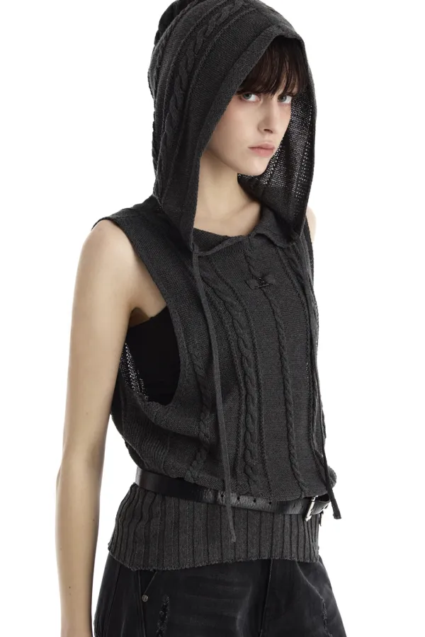 Cable Panel Hooded Sleeveless Knit [ Charcoal ]