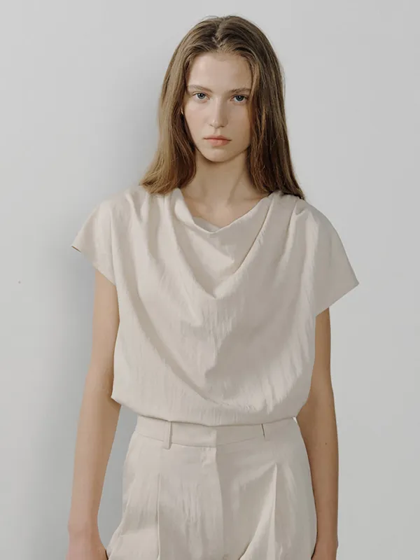 [6/15 예약배송] ANNE COWL HALF-SLEEVE BLOUSE_BEIGE