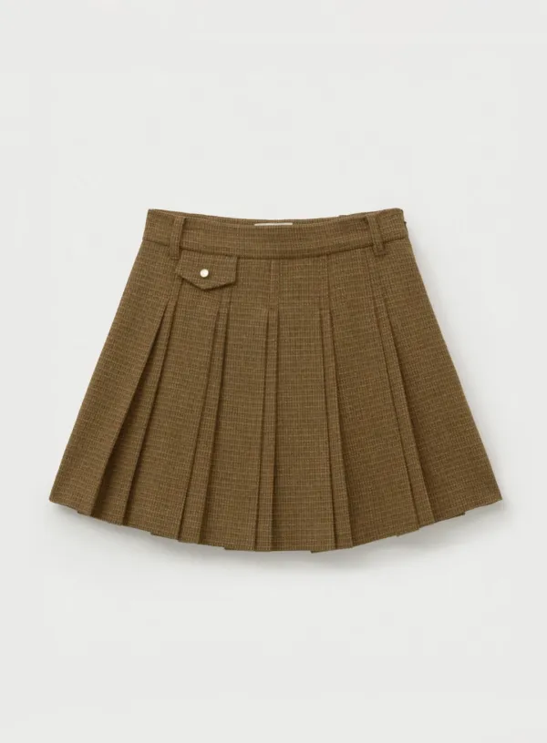 (W) Check Pleats Mini Skirt - Brown