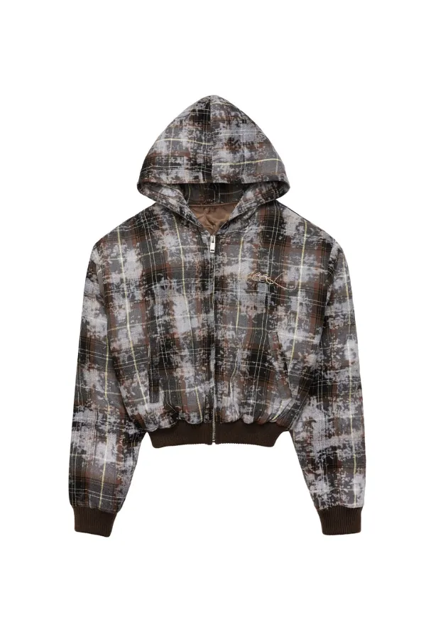 CUBIC TARTAN CHECK HOODIE JUMPER BROWN