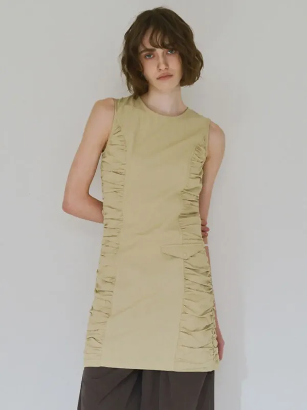 Shirring Zip-Up Mini Dress [Pale Yellow]