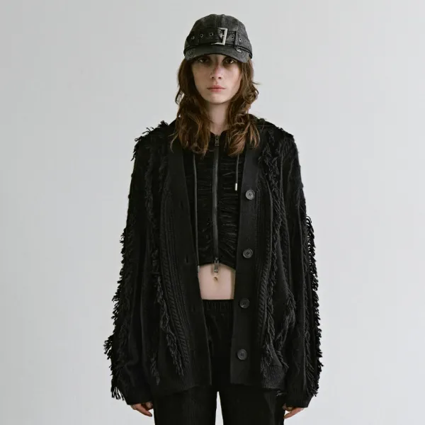 Fringe-Cut Cable Knit Cardigan [ Black ]