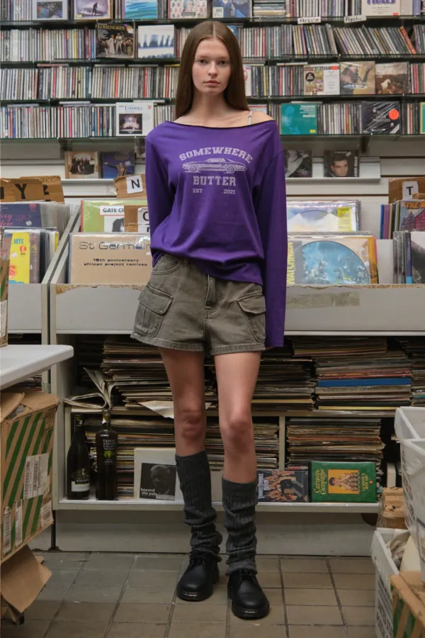 Vintage Car Off Shoulder Top - Purple
