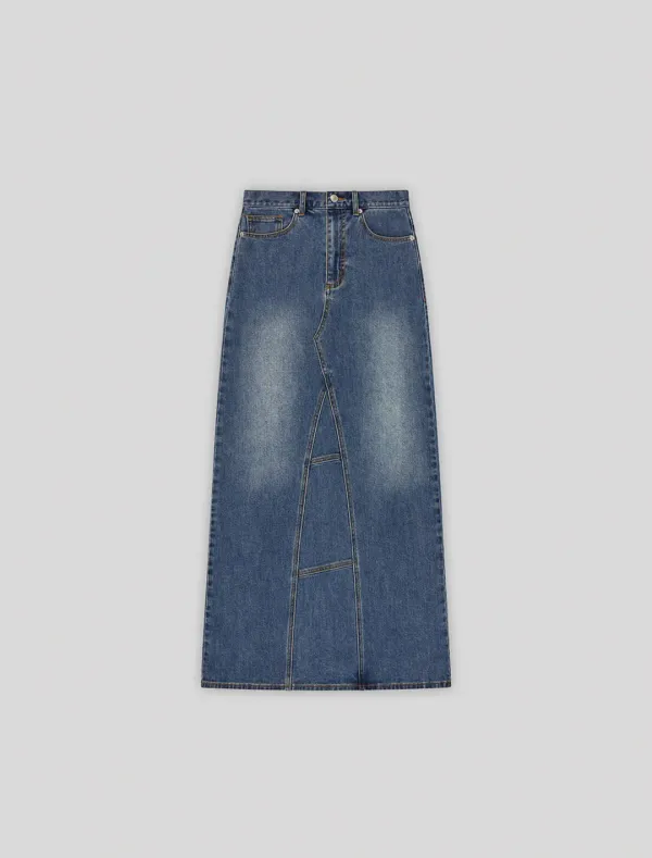 WASHED MAXI DENIM SKIRT [BLUE]