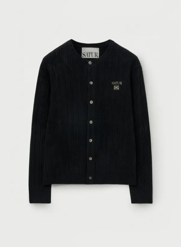 Fleece Crew Neck Cardigan - Black