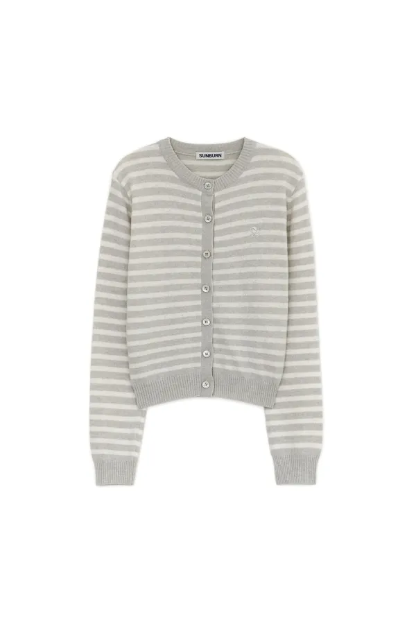CASHMERE STRIPE ROUND CARDIGAN, LIGHT GRAY