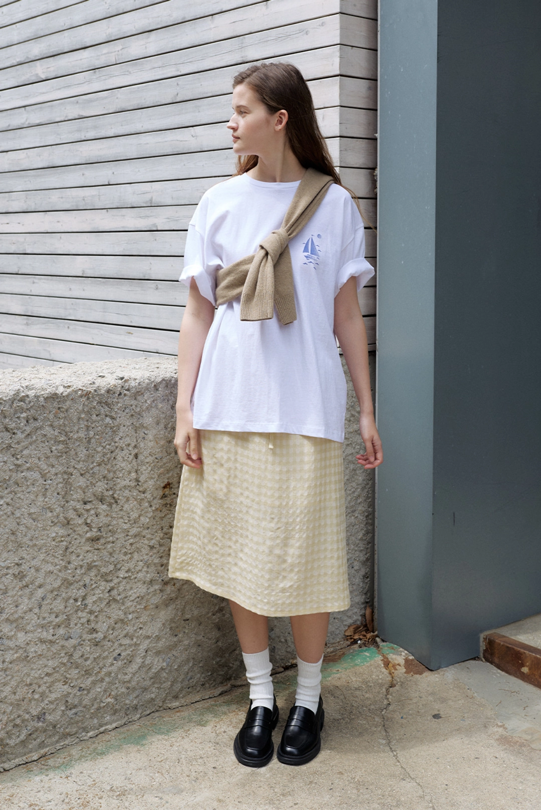 브렌다 브렌든 string check skirt - butter 상품 이미지 1