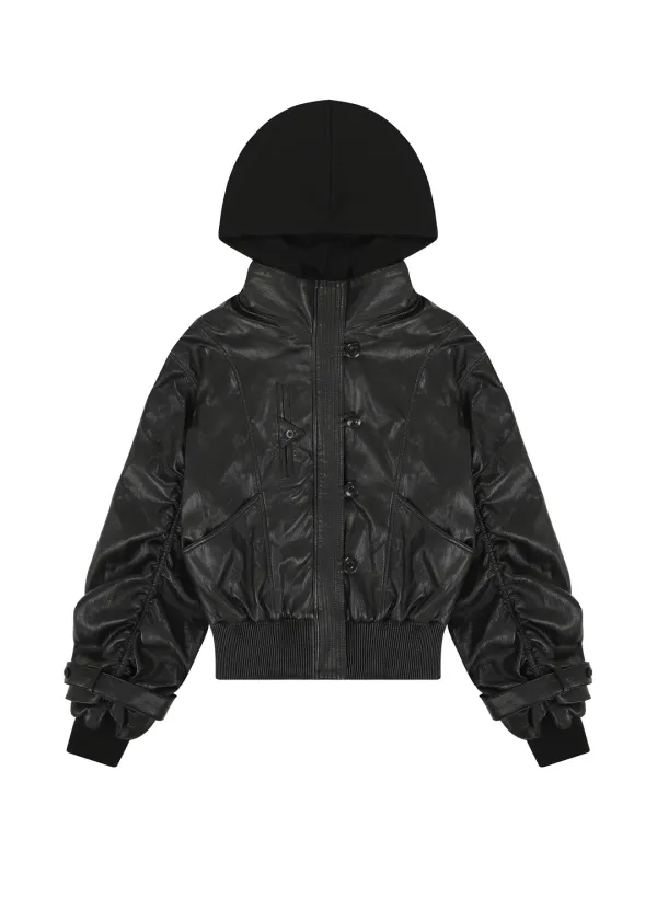 [3RD] HOOD DETACHABLE LEATHER ZIP UP, BLACK