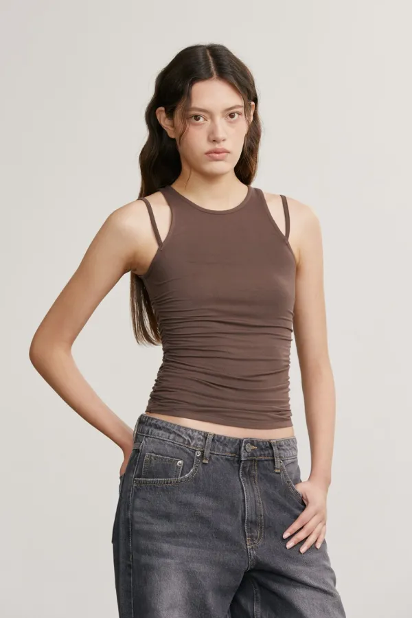SHIRRING STRAP SLEEVELESS TOP (BROWN)