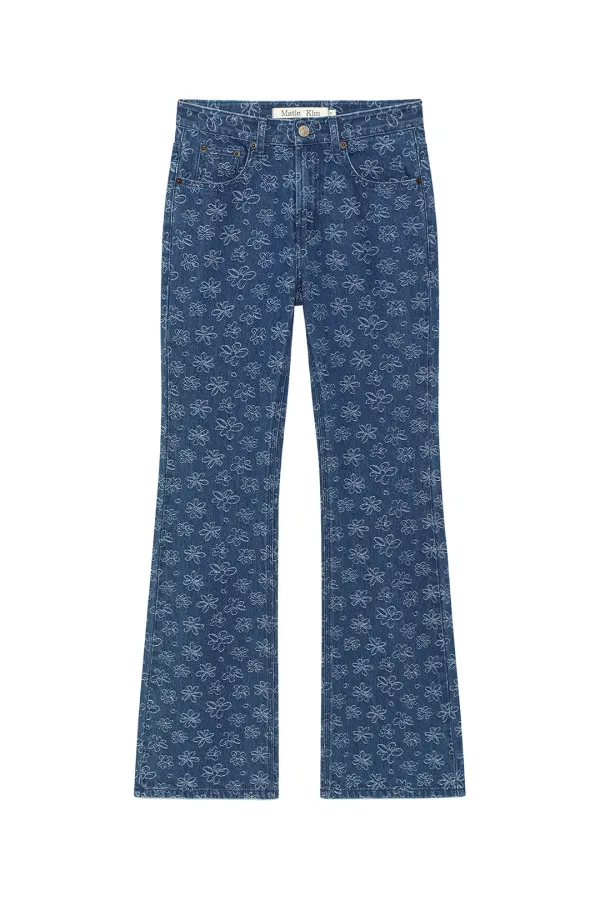 FLOWER PATTERN FLARE DENIM PANTS IN BLUE