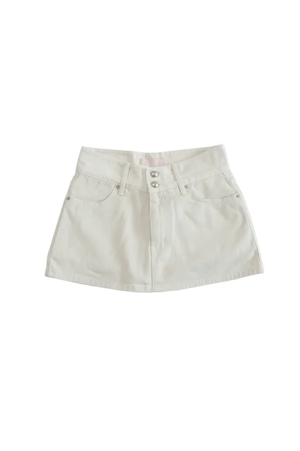 CATION DENIM STONE LOGO BELT SKIRT PANTS IVORY
