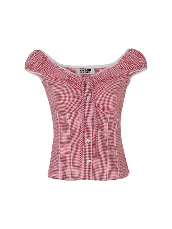 [Last one] CHECK LACE SHIRRING BLOUSE_RED