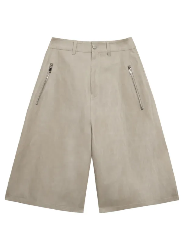 Distressed Leather Set-up Shorts [ Beige ]
