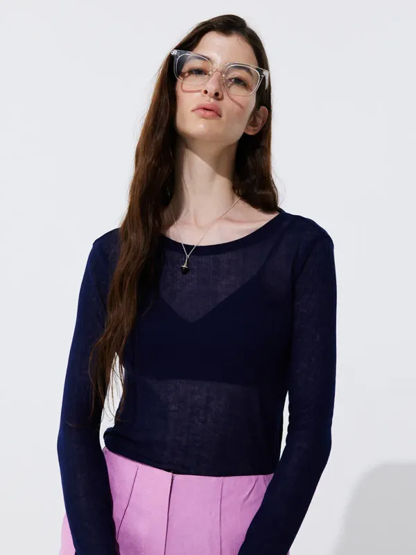 Sheer Neckline T-shirt_Navy