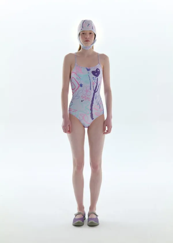 Doodle Drawing One-Piece Swimsuit_Sky Blue