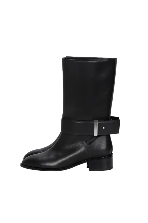 Cowhide Belted Middle Boots [ Black ]