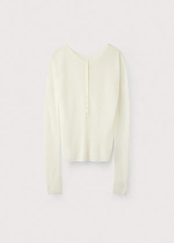 Linen viscose ribbed henley neck pullover_Off white