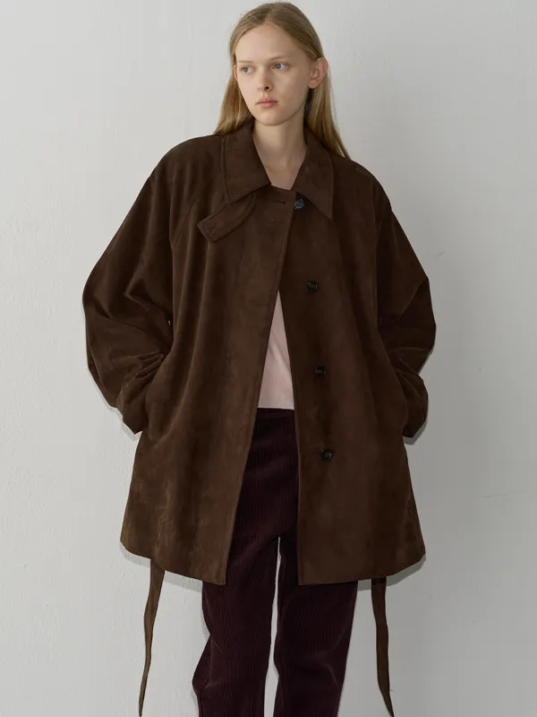 스웨이드 벨티드 하프 코트_brown
