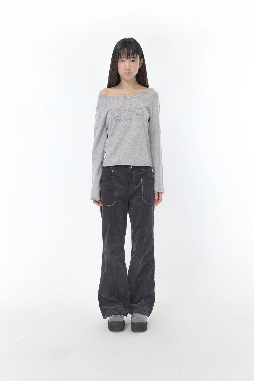 허그유어스킨 Back ribbon ornament knit top (Melange gray) 상품 이미지 2
