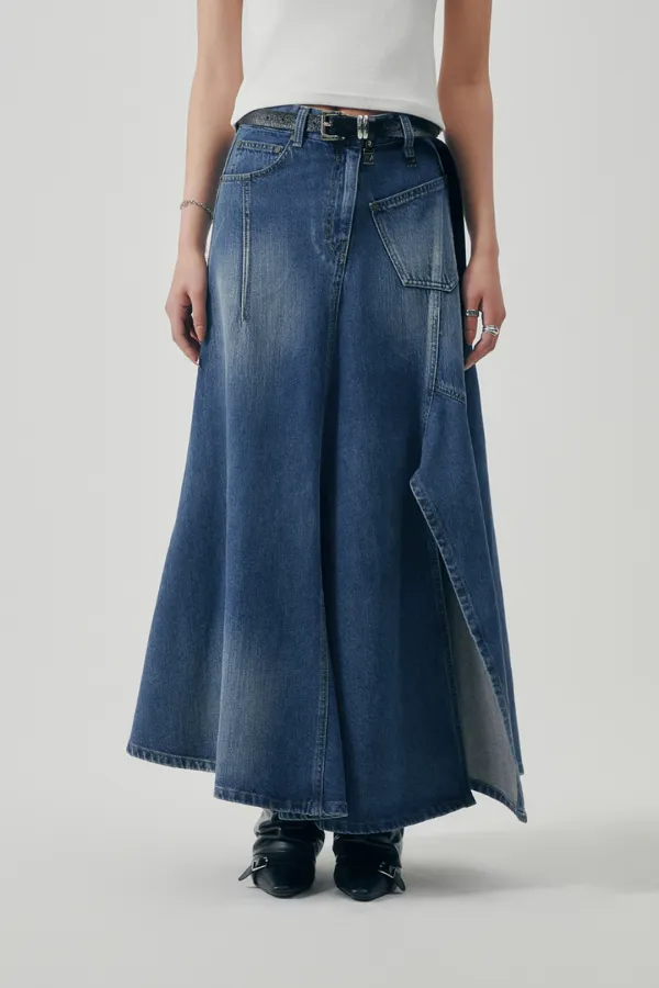 Panel Line Denim Flare Skirt [ Blue ]