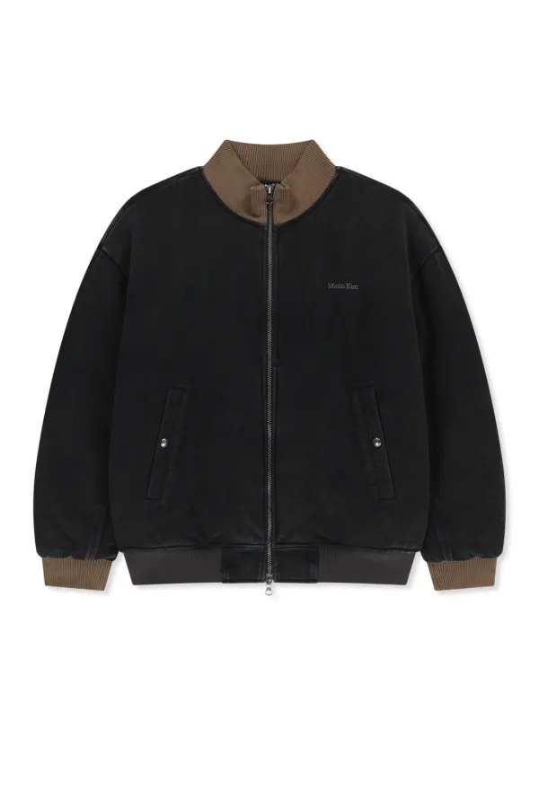 CONTRAST RIB BACK LOGO TERRY BOMBER IN CHARCOAL