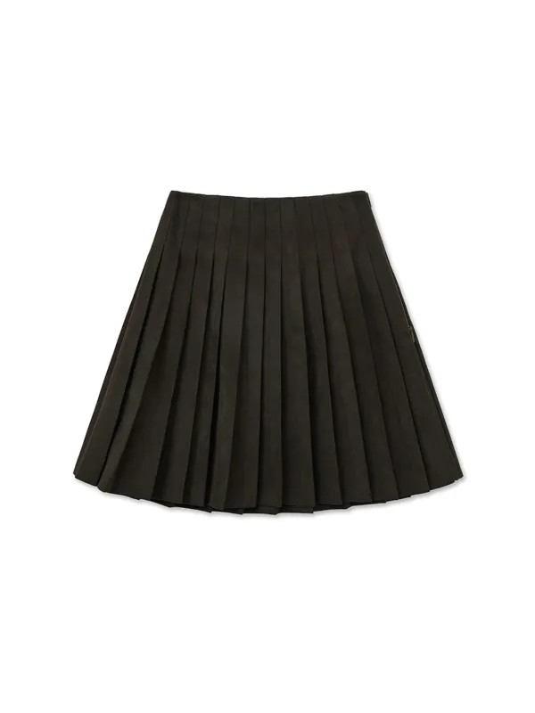 SIDE ZIPPER PLEATS MIDI SKIRT IN DARK BROWN
