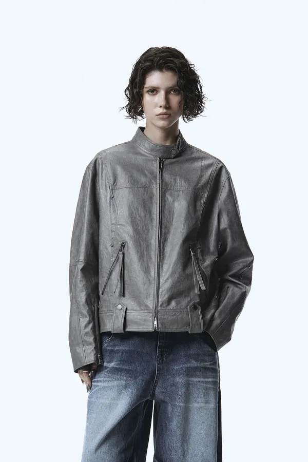 Over-Fit Leather Biker Jacket [ Gray ]