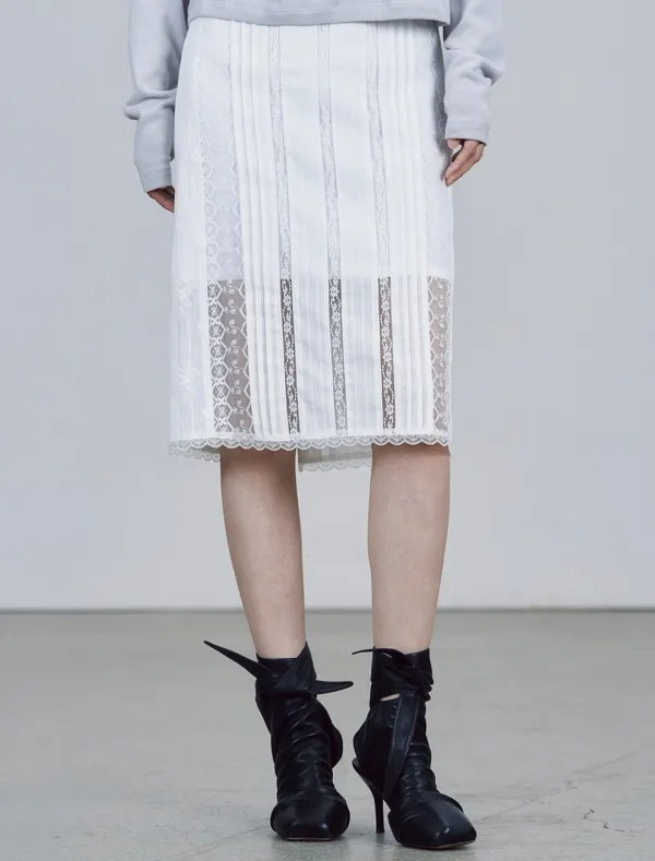 LACE PINTUCK MIDI SKIRT [WHITE]