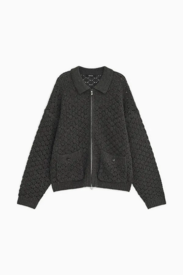 CROCHET KNIT ZIP-UP, CHARCOAL