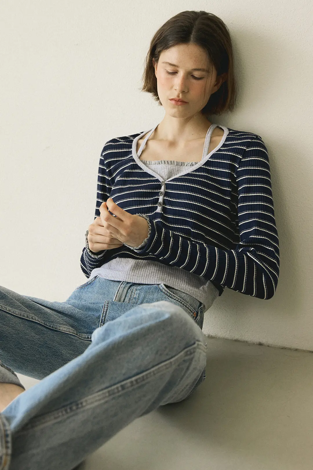 모어댄라이크 [4차]LAYERED STRIPE T-SHIRT - NAVY 상품 이미지 1