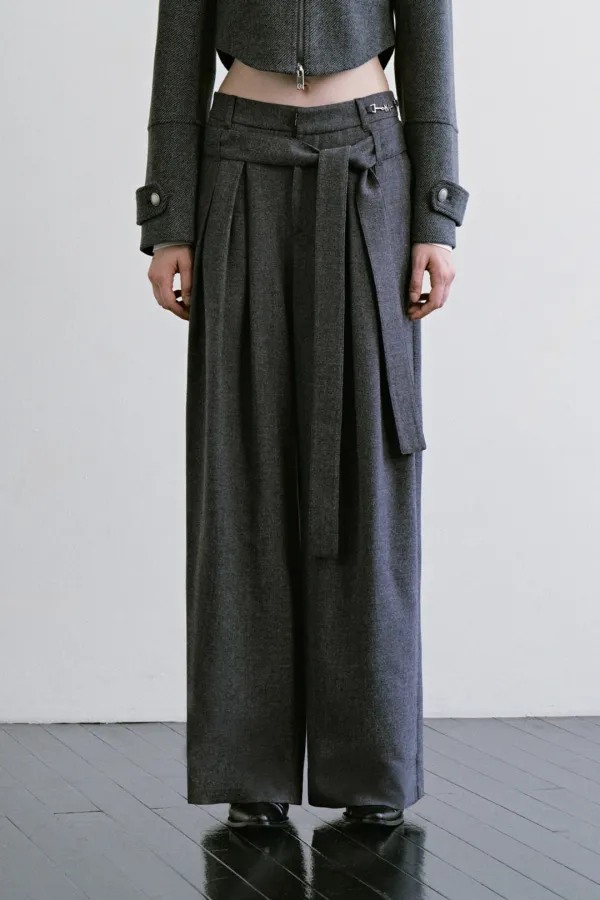 Detachable Belt Pleated Slacks [ Charcoal ]