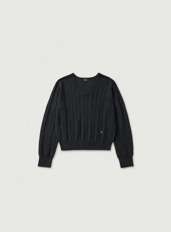 Veil Mohair Pointelle V-neck Knit_Charcoal