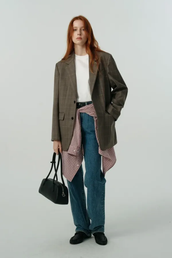 UNISEX 2 BUTTON WOOL BLAZER BEIGE CHECK