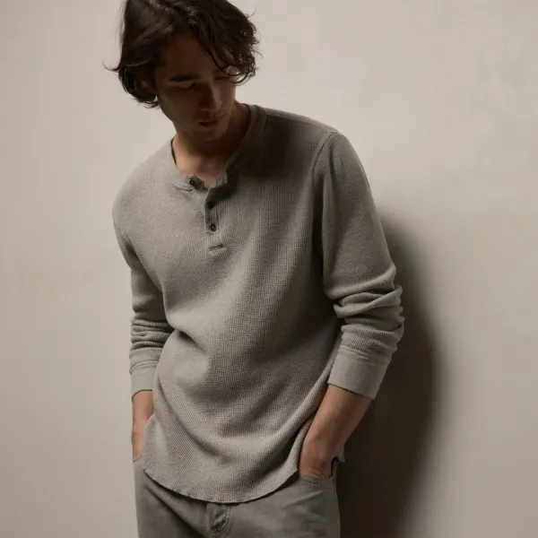 Cotton Linen Thermal Henley - Heather Fog