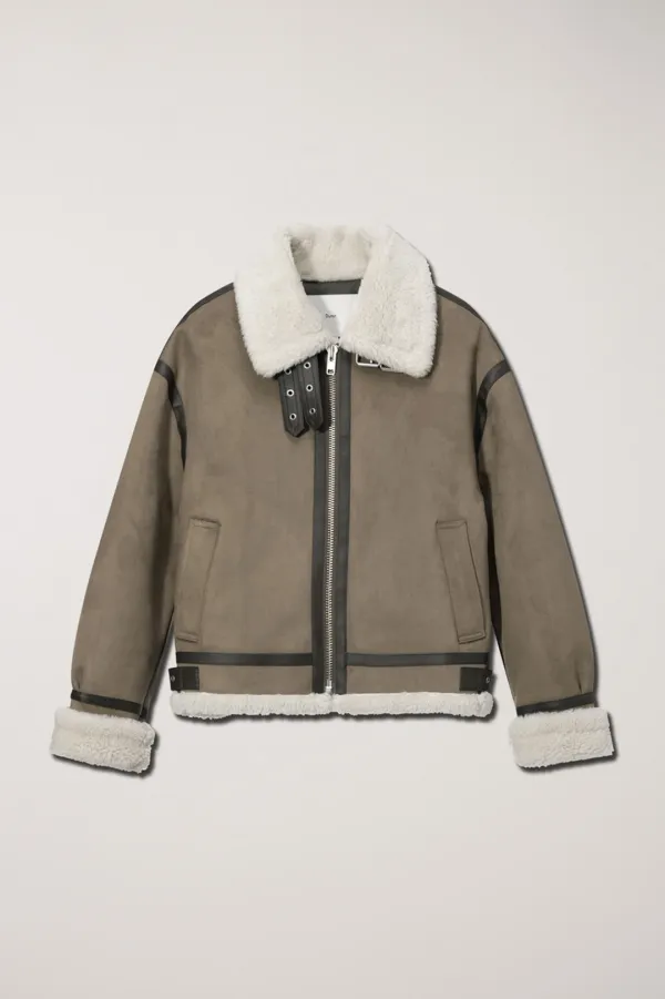 UNISEX LOOSE FIT LINE SHEARLING JACKET KHAKI BEIGE