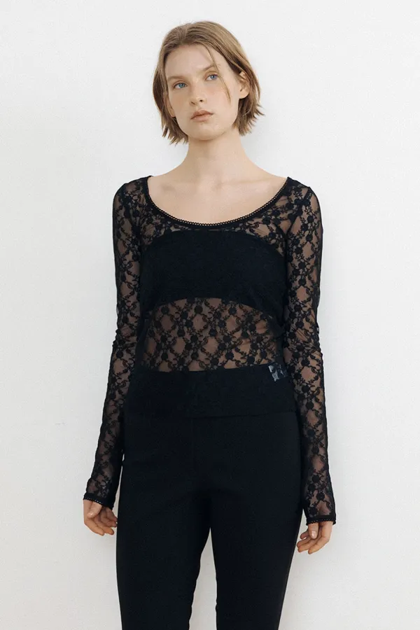Reversible Boat & U Neck Lace Slim Top (black)